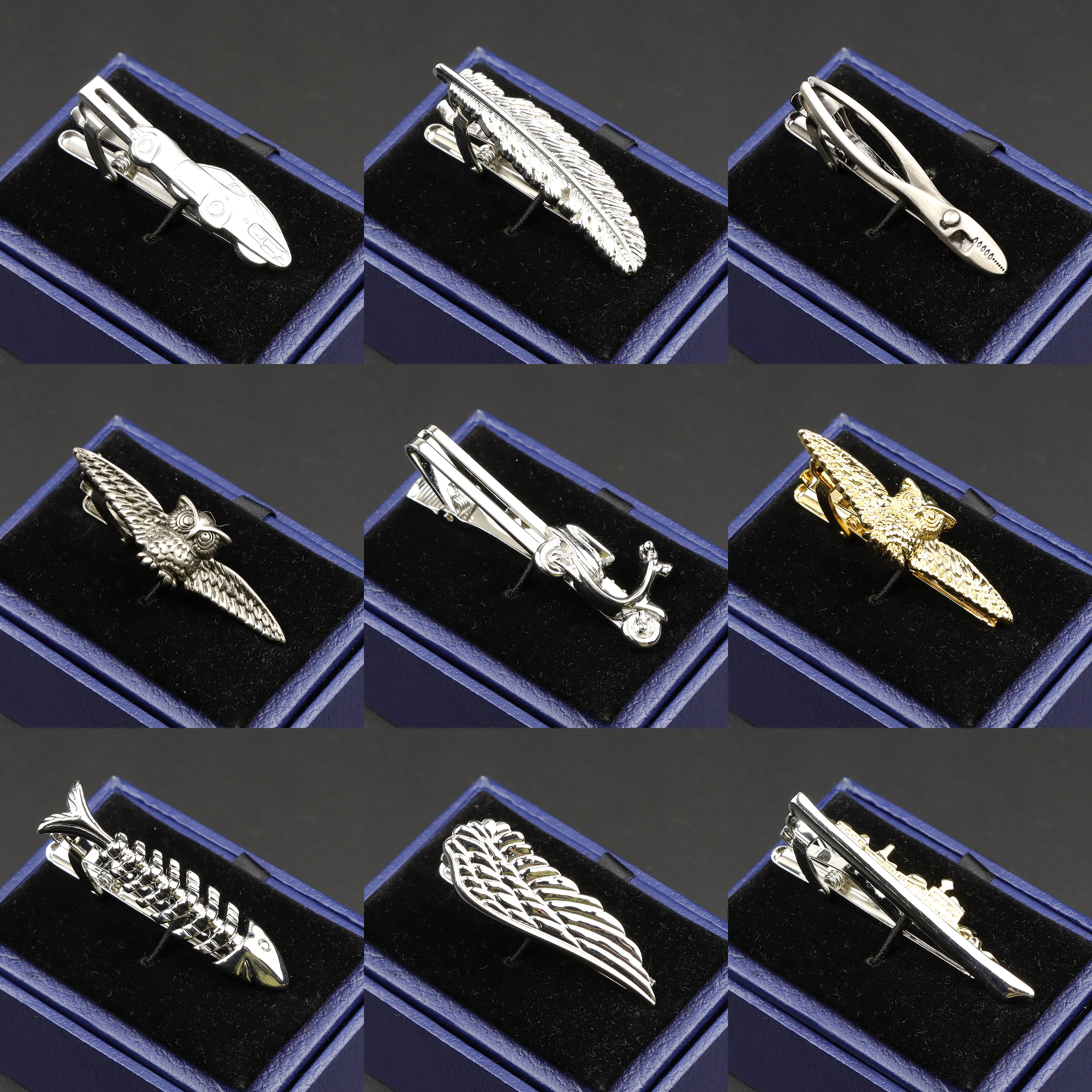 New High Quality Laser Engraving Tie Clip Black Golden Bullet Axe Sword Car Owl Leaf Pen Shape Simpel Chic Wedding Men Tie Gift