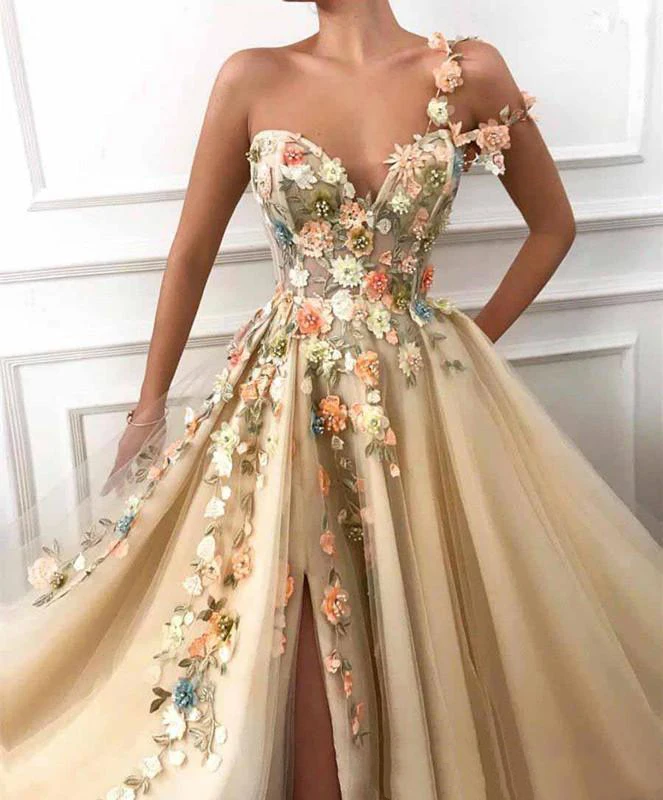 LORIE Elegant One Shoulder Prom Dresses Long 3D Floral Lace Applique Beaded Formal Evening Gown Party Dresses with High Split