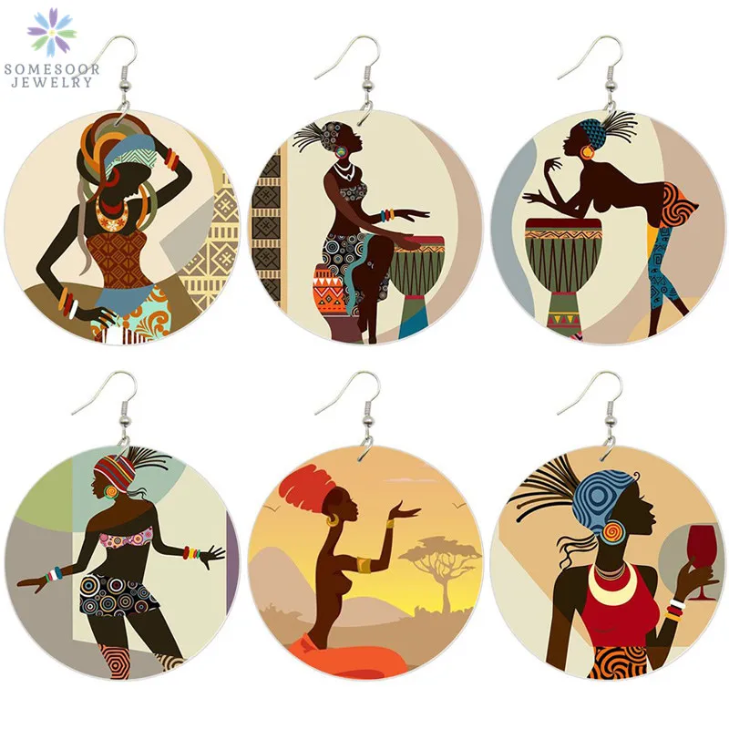 

SOMESOOR Afrocentric Ethnic Paint African Wooden Drop Earrings Black Headwrap Woman Artstic Wood Dangle Jewelry For Women Gifts