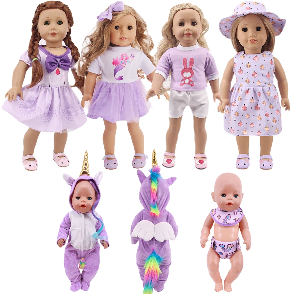 Doll Clothes Purple Unicorn Elements Set Kitty Shoes Fit 18Inch American &43cm Baby Reborn Doll Accessories,Russia Kid Play Toys