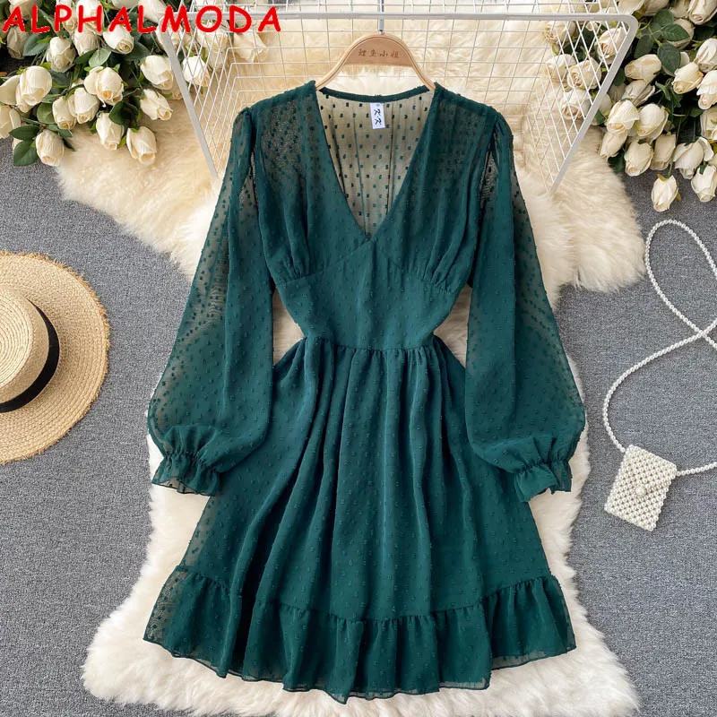 

ALPHALMODA 2021 New Autumn Chiffon Dress V-neck Puff Sleeve Polka Dot Women Chic Dresses Ladies Solid Fashion Dresses