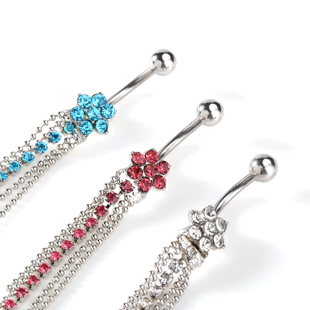 1Pcs Women Rhinestone Flower Beaded Tassels Dangle Body Piercing Navel Belly Ring Rhinestone  Belly Ring Barbell Piercing Belly