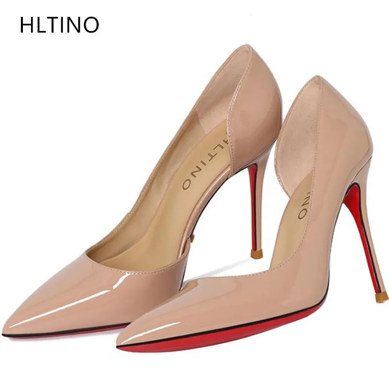 

HLTINO Genuine Leather Red Bottom Shoes Side Open Women Sandals Black Nude Sexy High Heeled Stilettos OL Daily Party Dress Heels