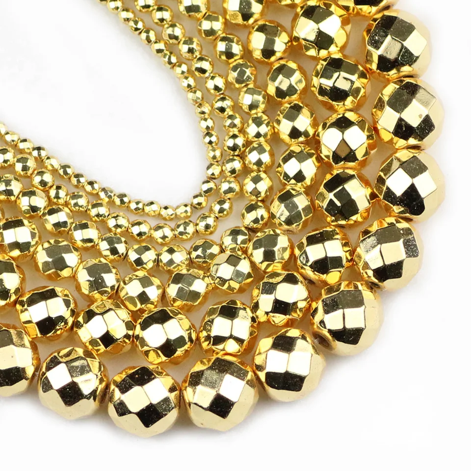 Yellow Gold Color Faceted Hematite beads Natural Stone 2/3/4/6/8/10mm Round Loose beads Jewelry Making bracelets necklace DIY