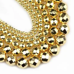 Yellow Gold Color Faceted Hematite beads Natural Stone 2/3/4/6/8/10mm Round Loose beads Jewelry Making bracelets necklace DIY