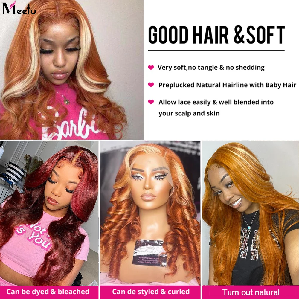 Meetu 613 Bundles with Closure Body Wave Ginger Human Hair Bundles with Closure Blonde 4x4 Inch Ombre Bundles with Closure