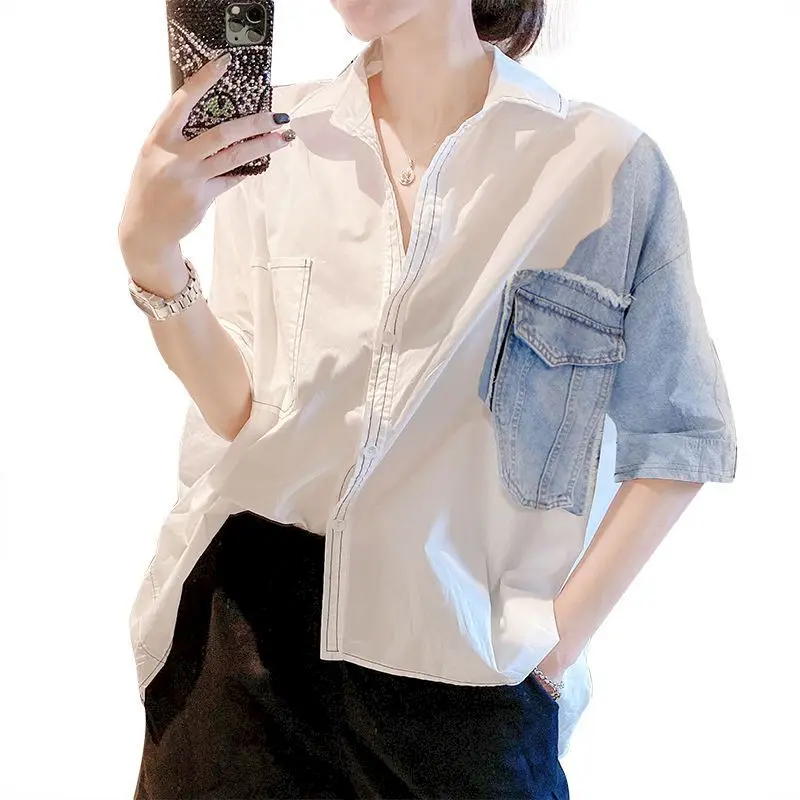 Womens Shirts Cowboy Stitching White Shirts Female Fake Two-piece Blouse 2024 Summer Short Sleeve Shirts Fashion Clothing Women