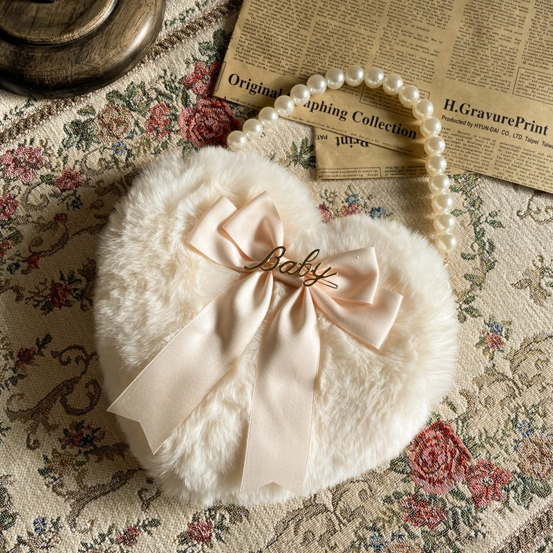 Original Lolita Love Heart Plush Hand-Carrying Bag Bow Cute Pearl Chain Plush Bag JK Bag