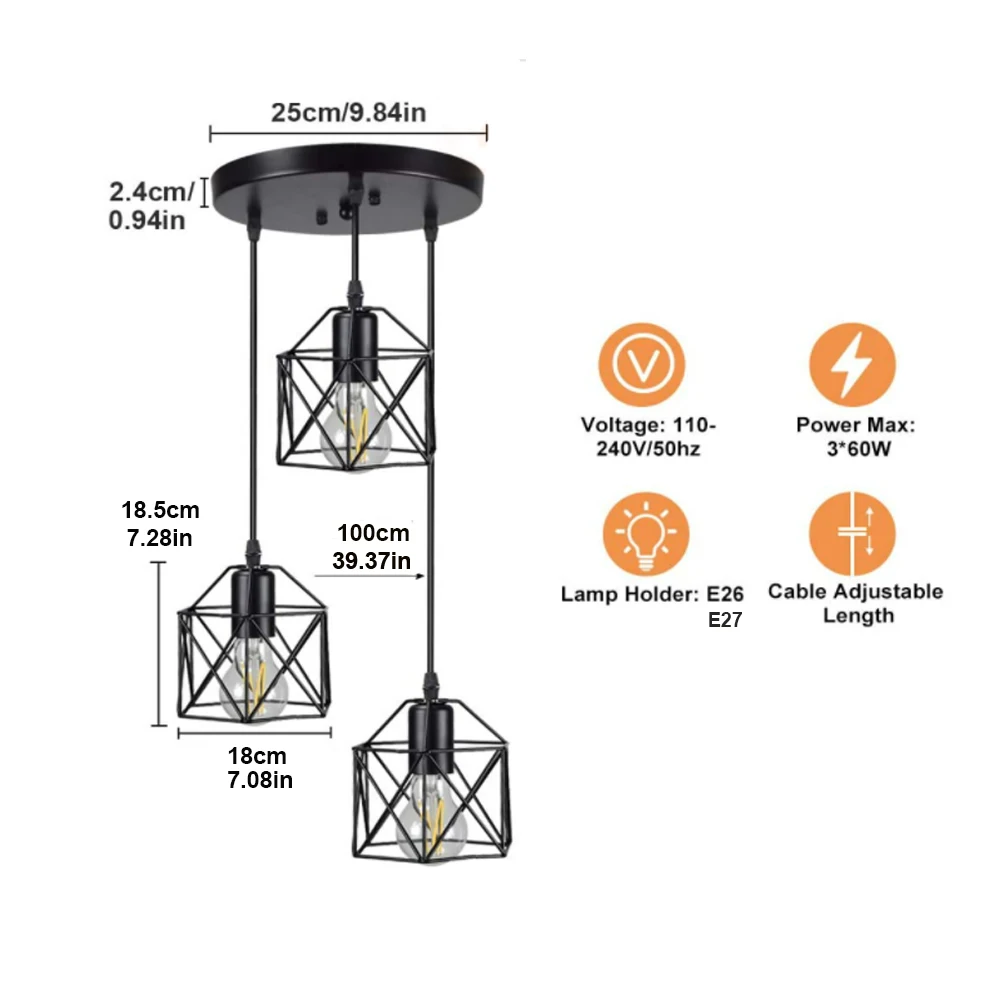 Nordic Pendant Light 3-Light Industrial Pendant Lighting Retro Adjustable Metal Hanging Cage Kitchen Ceiling Living Room Fixture