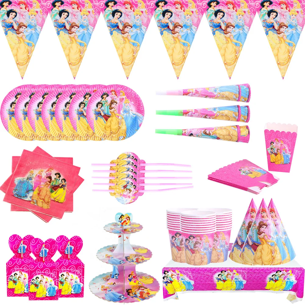 Disney Princess Happy Kids Girls Birthday Party Decor Set Party Supplies cup plate banner hat straw gift bag party decoration