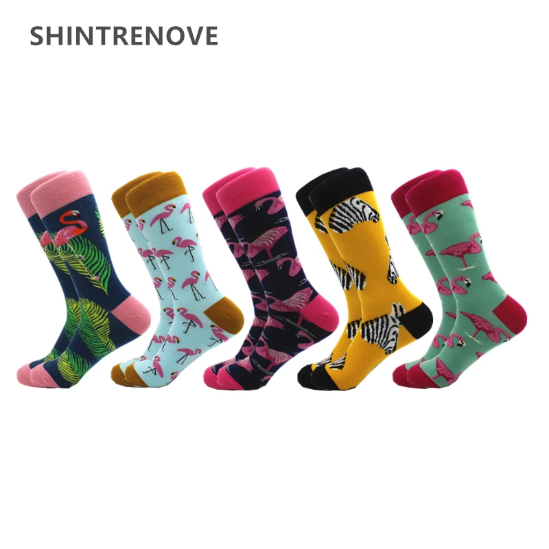 

5 Pairs/Lot Men's Socks Combed Cotton Happy Man Socks With Print Flamingo Casual Clothing Funny Socks For Men Gift