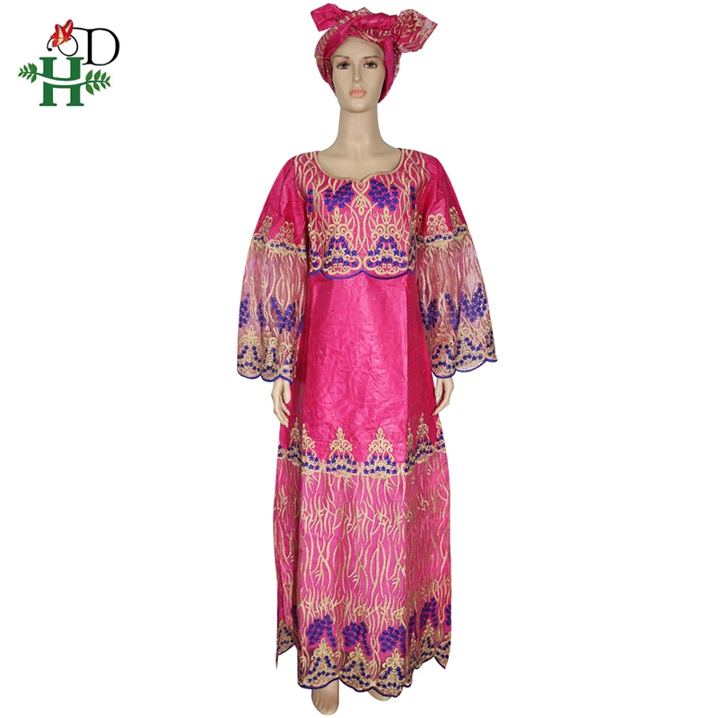 H & D-vestidos africanos para mujer, vestido de encaje bordado con envolturas para la cabeza, ropa de mujer de Sudáfrica, vestidos largos Bazin Riche Dashiki