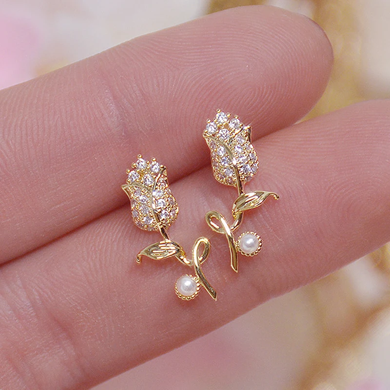 Ins Hot Sale Exquisite CZ Rose Flower Women Earring Shine AAA Zircon Plated 14K Real Gold Bohemia Stud Earring Wedding Birthday