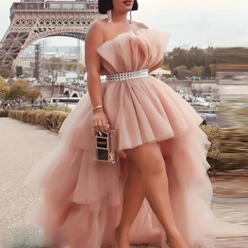 Robe de Soirée de Cocktail Rose Poudré, Tenue Formelle, Bouffante, en Tulle, avec Ceinture Perlée, Personnalisée, 123