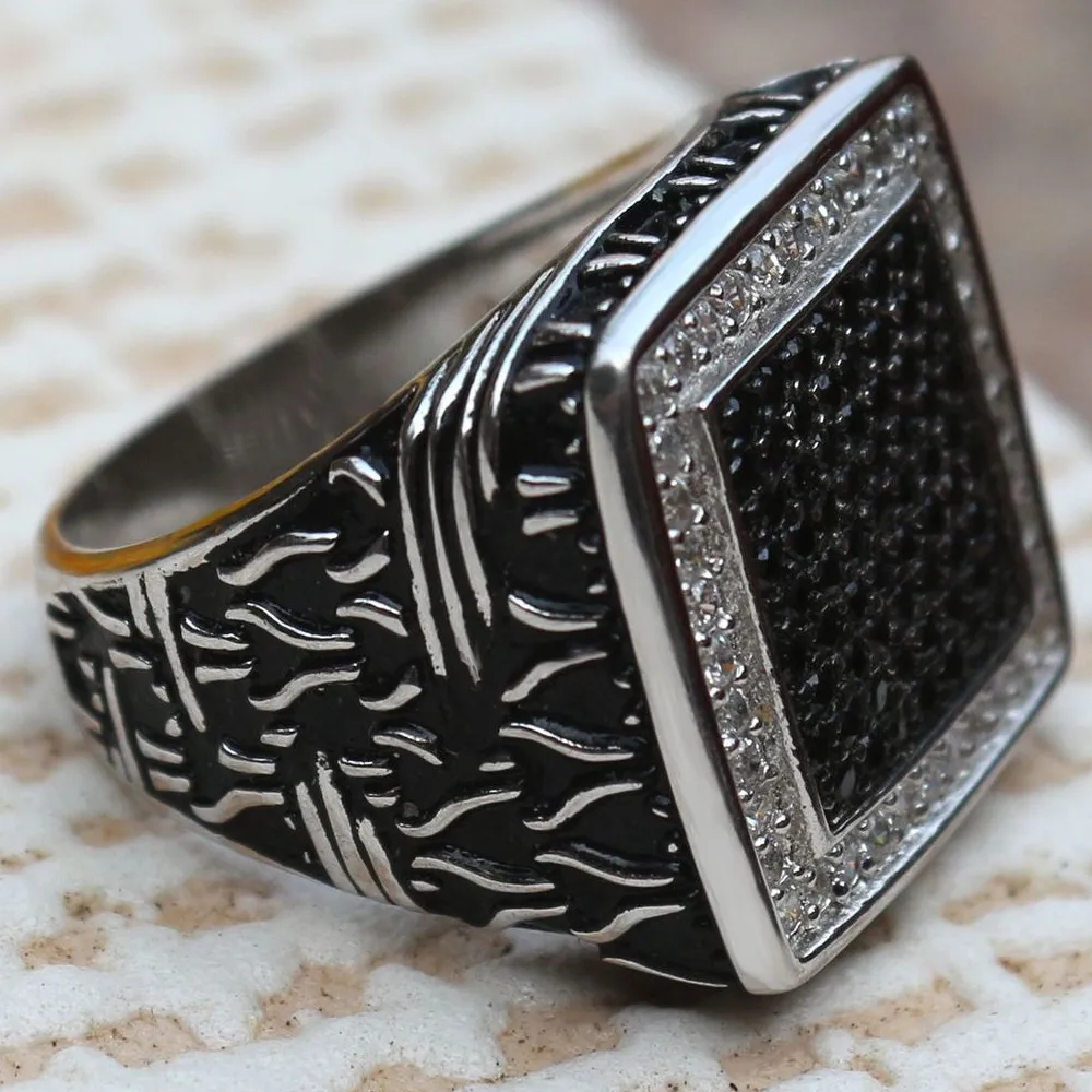 

925 Sterling Silver Jewelry High-end Luxury Bright Black And White Diamond Male Ring