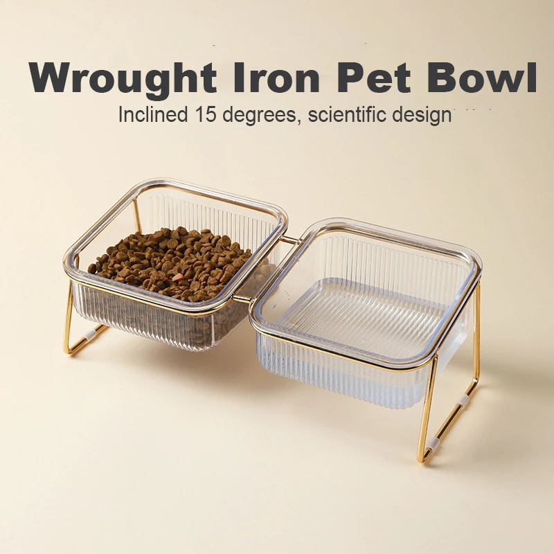 Pet Double Bowl Transparent High Foot Cat Bowl Drink water Cat Food With Golden Stand Raised Water Feeder Dog Bowl Supplies