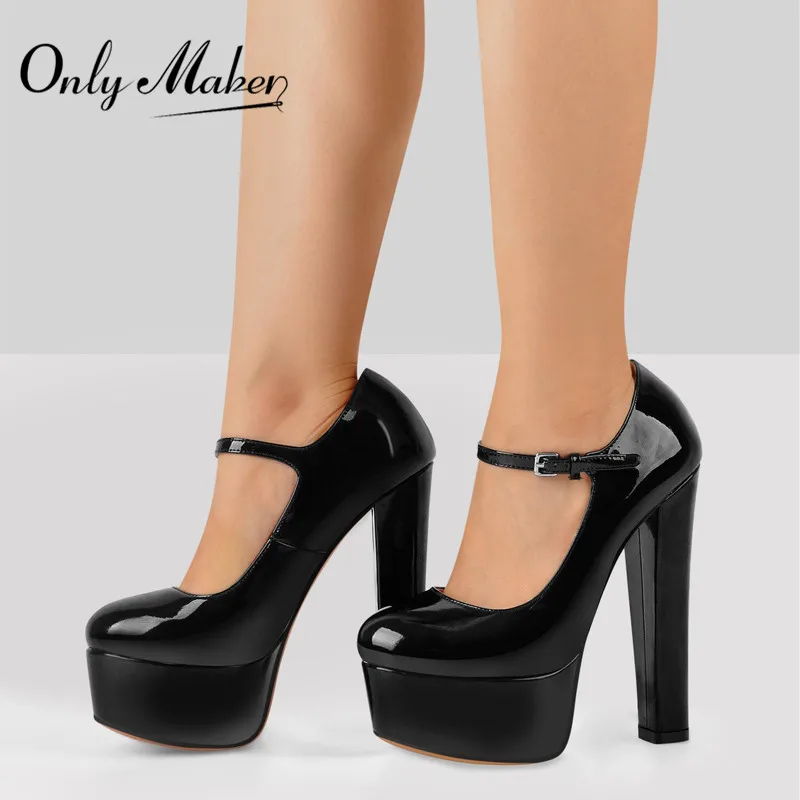 Onlymaker Women Mary Jane Platform Pumps Ankle Strap Thick Round Heel High Heels Dress Buckle Large Size Brand Shoes