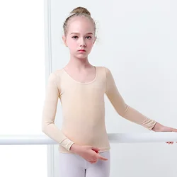 Ropa interior de Ballet desnuda para niños, ropa de gimnasia de baile, Top de manga larga, camisas suaves de microfibra, calentador corporal, Body elástico