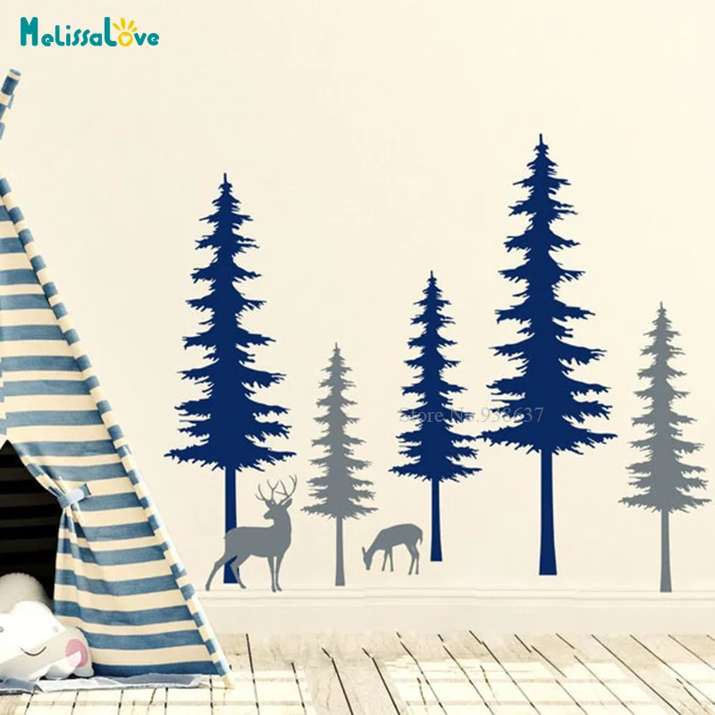 Forest Animal Nursery Wall Decals Pine Tree Forest Woodland Adventure Home Decal Wall Sticker BA490