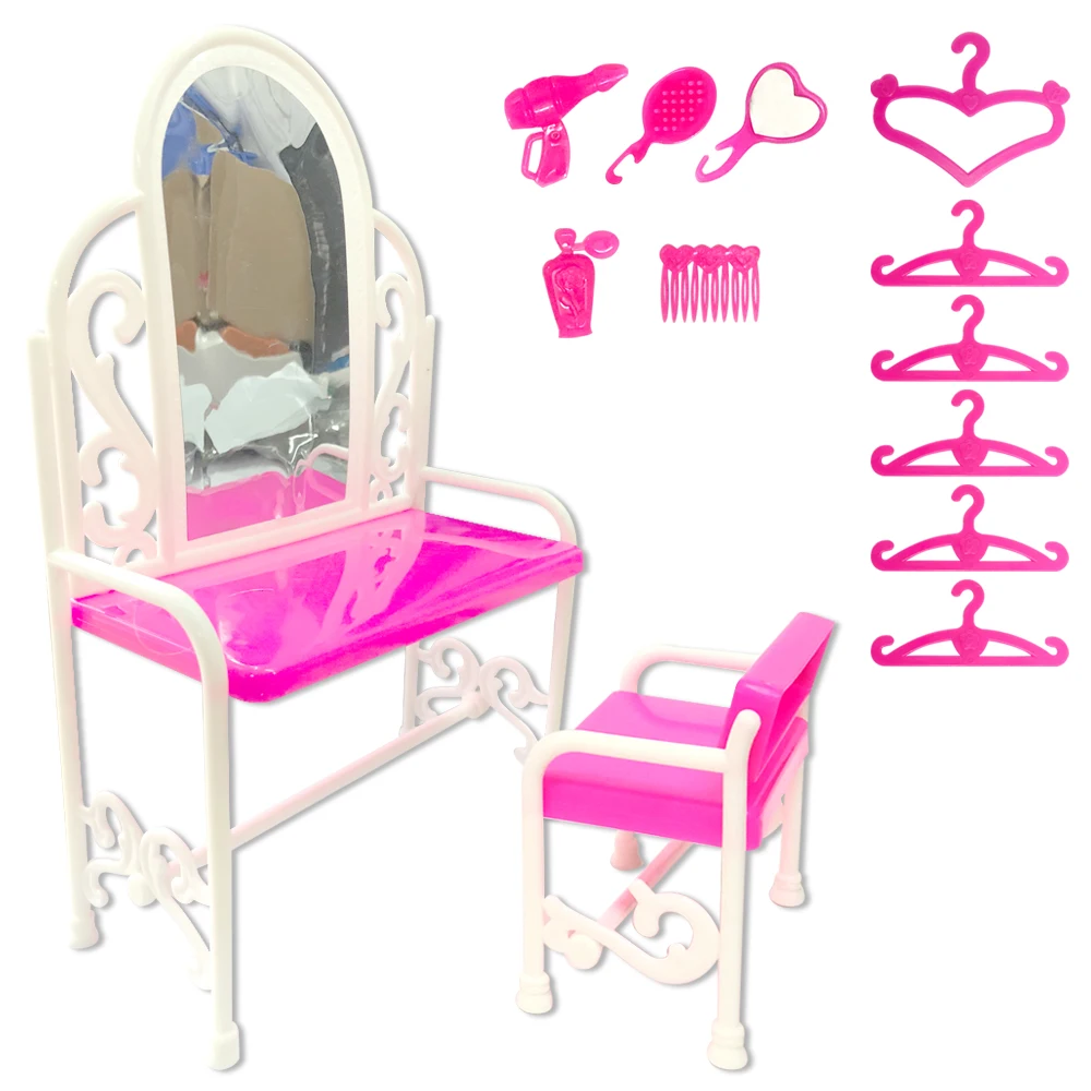 

1 Set Dolls Accessories For 30 CM Doll Pink Cute Plastic Dresser Table Chair Hangers Comb Dryer 1/6 Dollhouse FurnitureToy