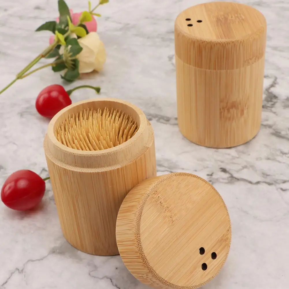 Toothpick Storage Box Portable Dustproof Bamboo Large Capacity Round Tooth Pick Holder Dispenser for Hotel