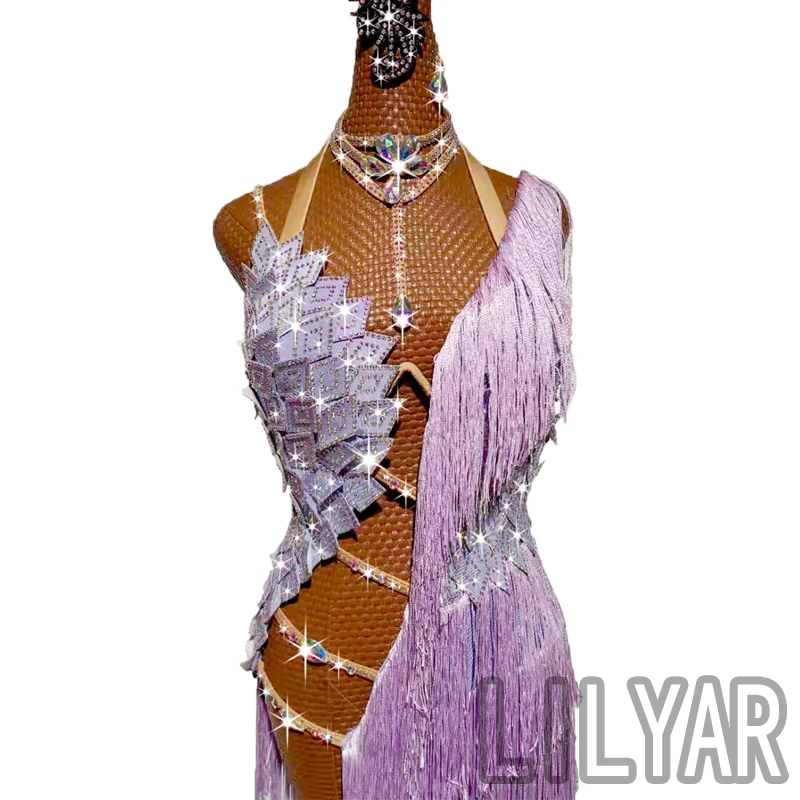 New Latin Dance Competition Performance Decorative Latin Dance Skirt Light Purple Tassel Square Sexy Dance Skirt