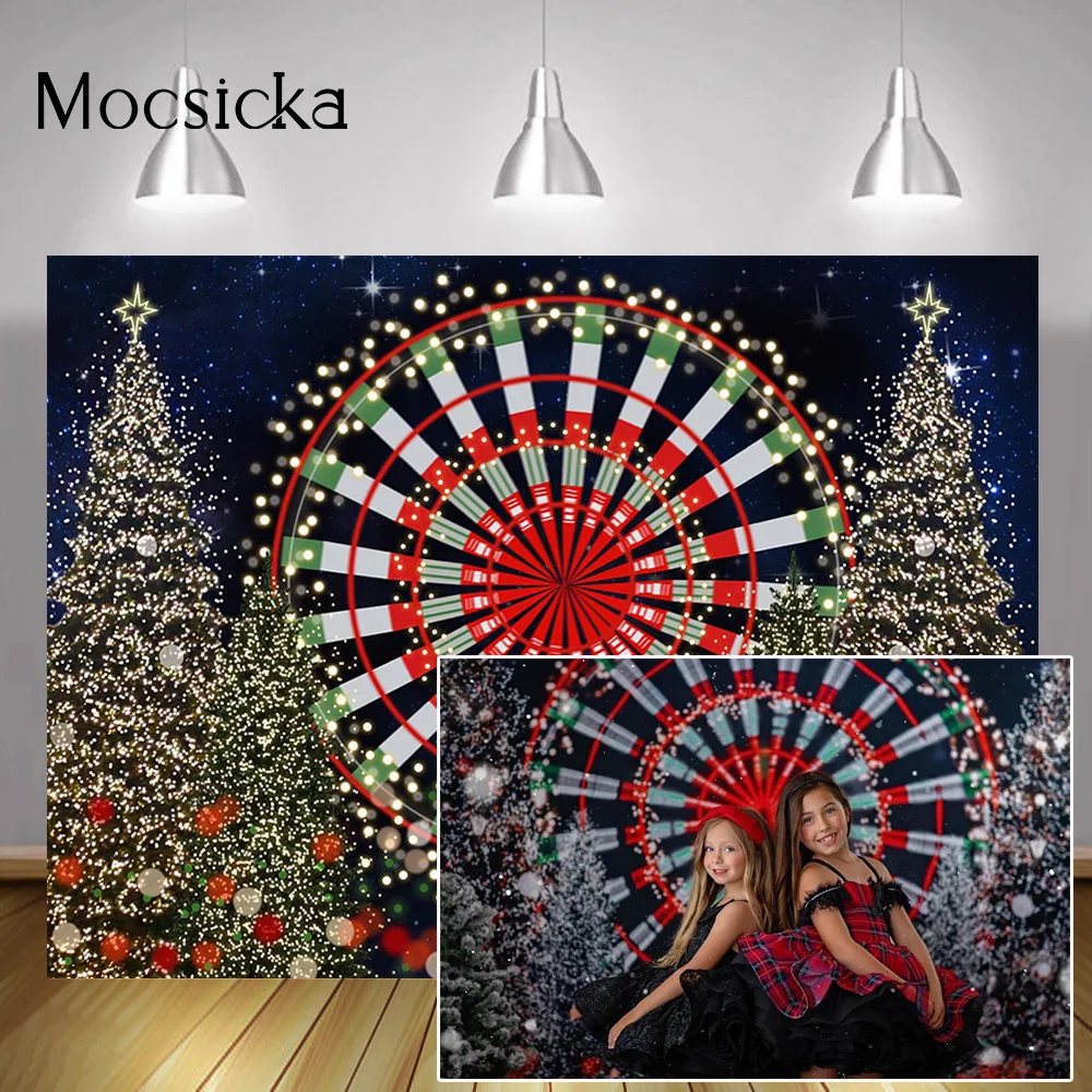 Christmas Carnival Party Backdrop Decorations Winter Glitter Bokeh Birthday Background Winter Ferris Wheel Kids Portrait Photo