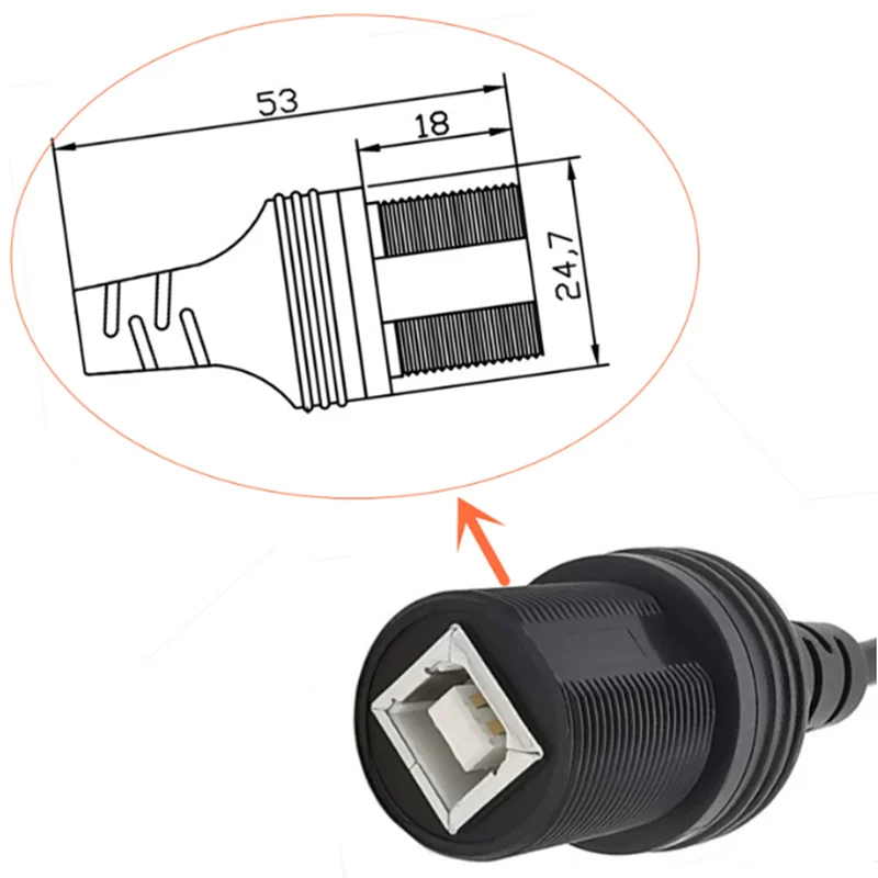 30Cm USB 2.0 B IP67 printing waterproof cable, USB B male to B female panel mounting waterproof connector extension cable