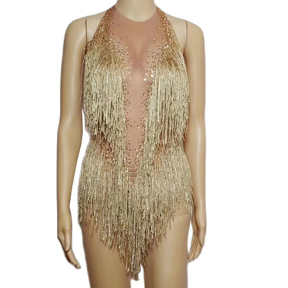 Gold Rhinestones Bodysuit Women Fringes Backless Latin Sexy Stage Nightclub Performance Dance Wear Costume Party Evening 2024