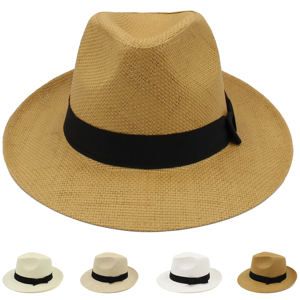 Men Women Straw Panama Hats Summer Fedora Sunhats Bowtie Band Party Trilby Caps Outdoor Sombrero Travel Size US 7 1/4 UK L