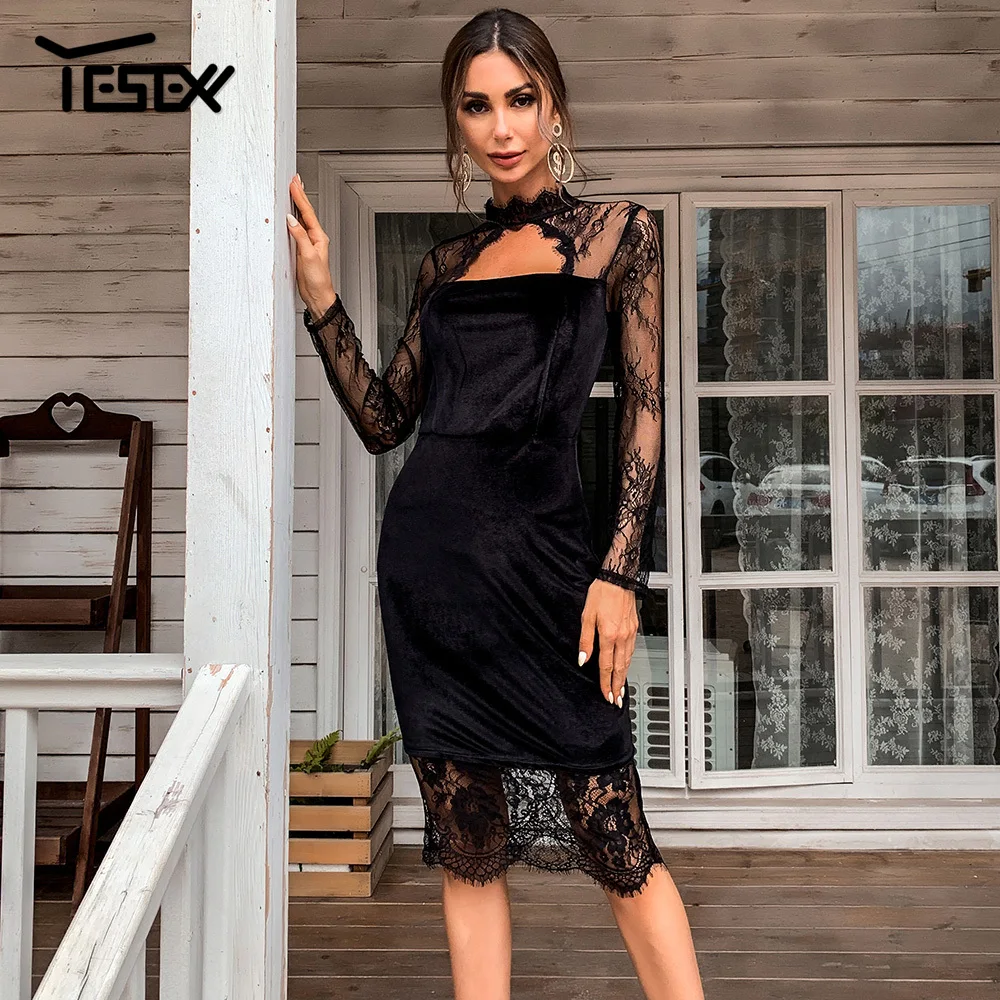 Yesexy Sexy Hollow Out Long Sleeve Lace Dress Women Solid Color Long Sleeve Bodycon Party Dress See Through Midi Dress M0585