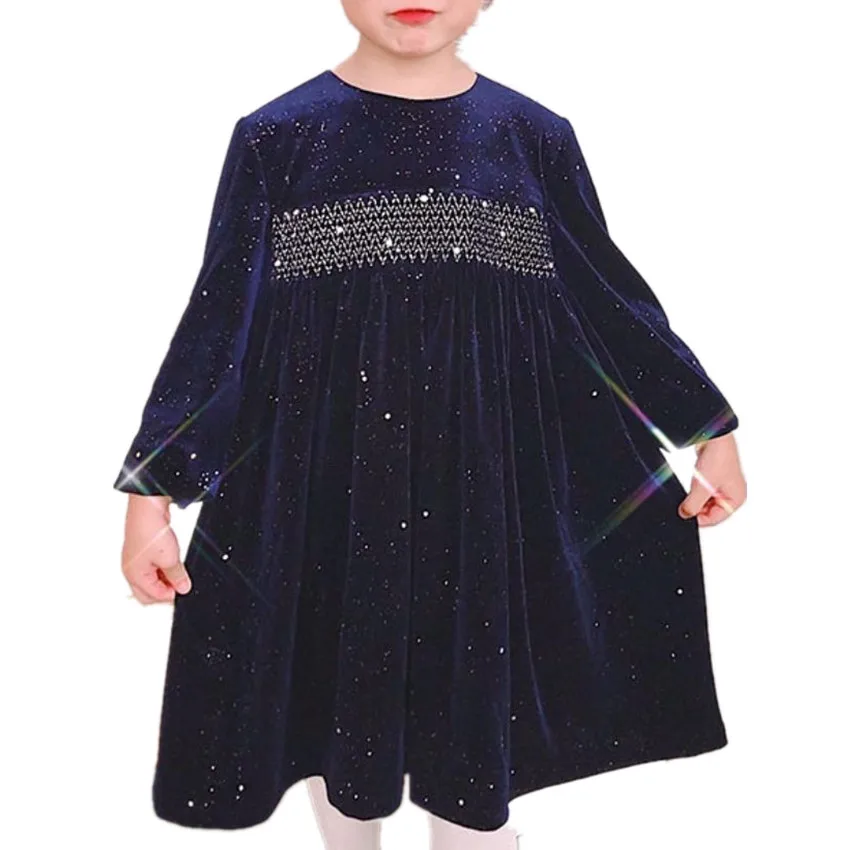 Autumn winter baby Girl diaomond velvet Princess Dress kids long sleeve handmade smocked party dress