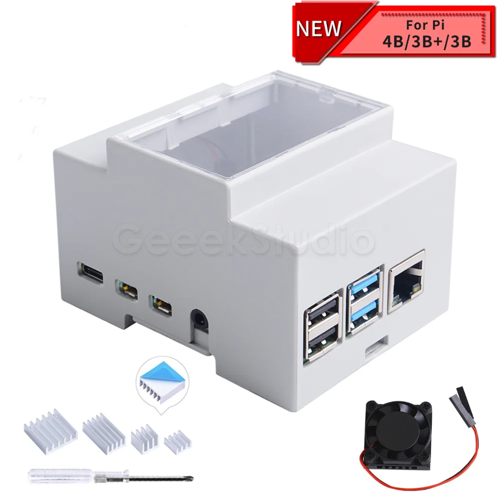 ABS Electrical Box Plastic DIN Rail Case for Raspberry Pi 4B / 3, with Heat Sinks Screw Driver for Raspberry Pi 4 / 3 B + / 3 B