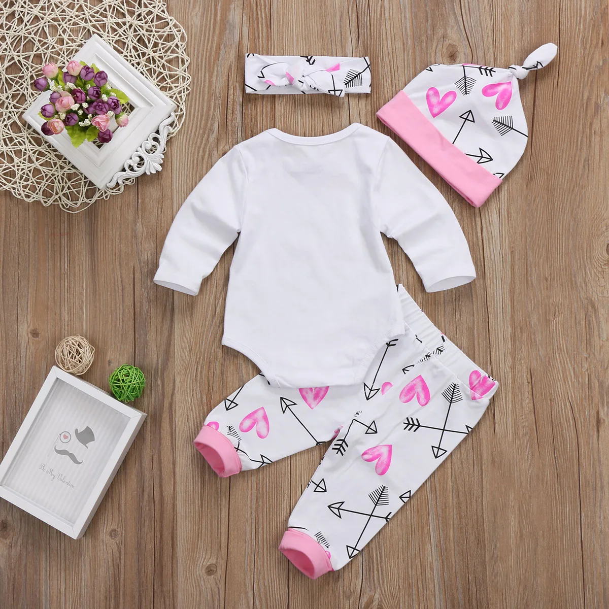 4PCS Newborn Toddler Kids Baby Girl Clothes Set Letter Printed Top Romper Long Pants Hat Outfits Clothing 0-24M