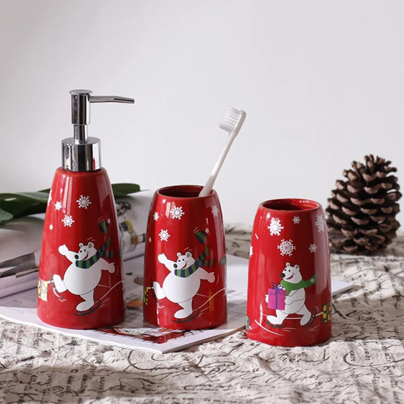 Bear Christmas Bathroom Set Toothbrush Holder Bottle Mouthwash Cup Couple Household Soap Dispenser Best Valentine's Day Gift