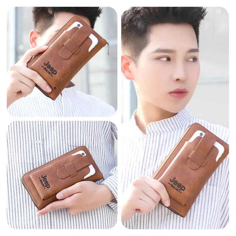 JEEP BULUO famous brand Clutch Wallet Brand Purse For Phone Double Zipper Luxury Wallet Leather Clutch Bag Large Capacity