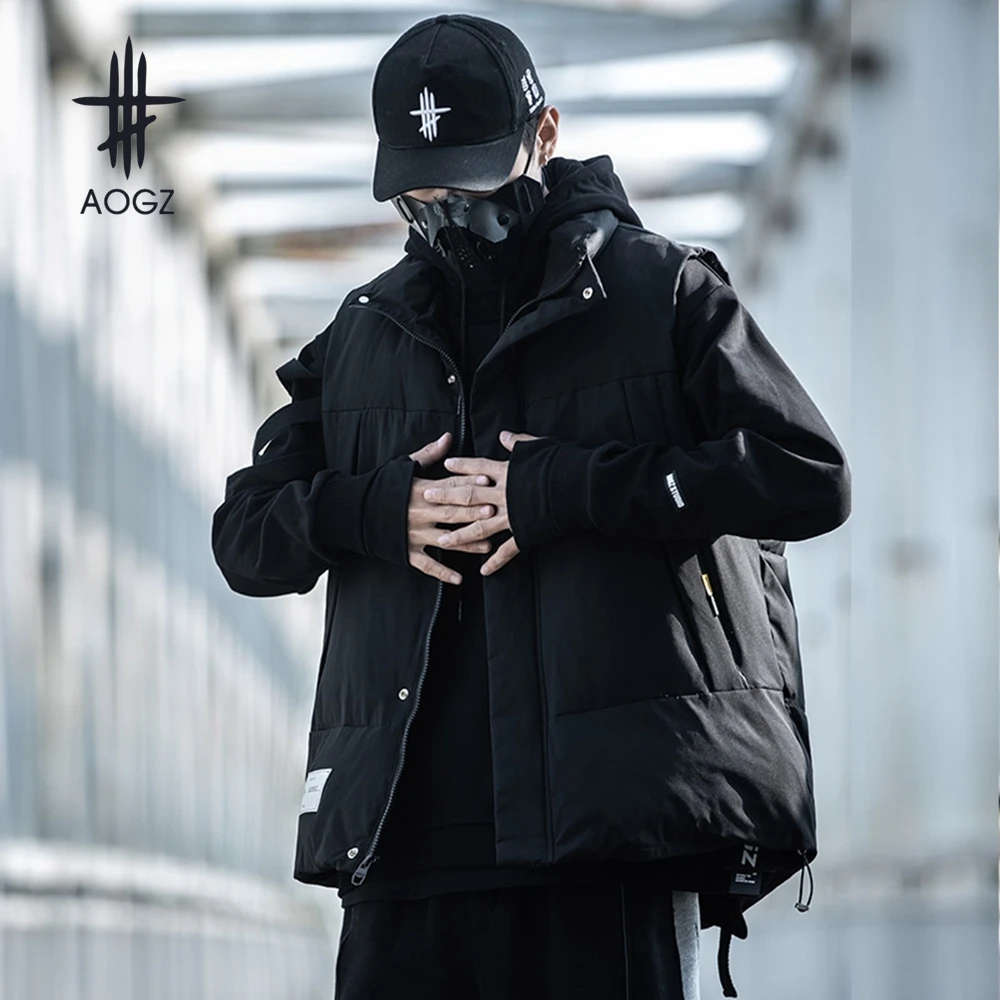 

AOGZ Soild Color Winter Cargo Vest Hip Hop Streetwear Loose Zipper Jacket Vest Cotton Techwear Waistcoat Sleeveless Jacket Coat