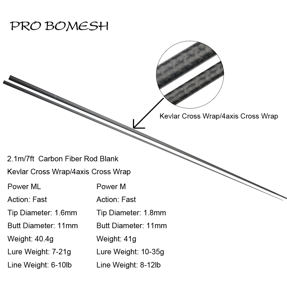 

Pro Bomesh 1 Pcs 2.1M Toray Carbon ML M 2 Section Fully Kevlar Cross Wrap 4axis Cross Wrap Bass Rod Blank DIY Rod Building Blank