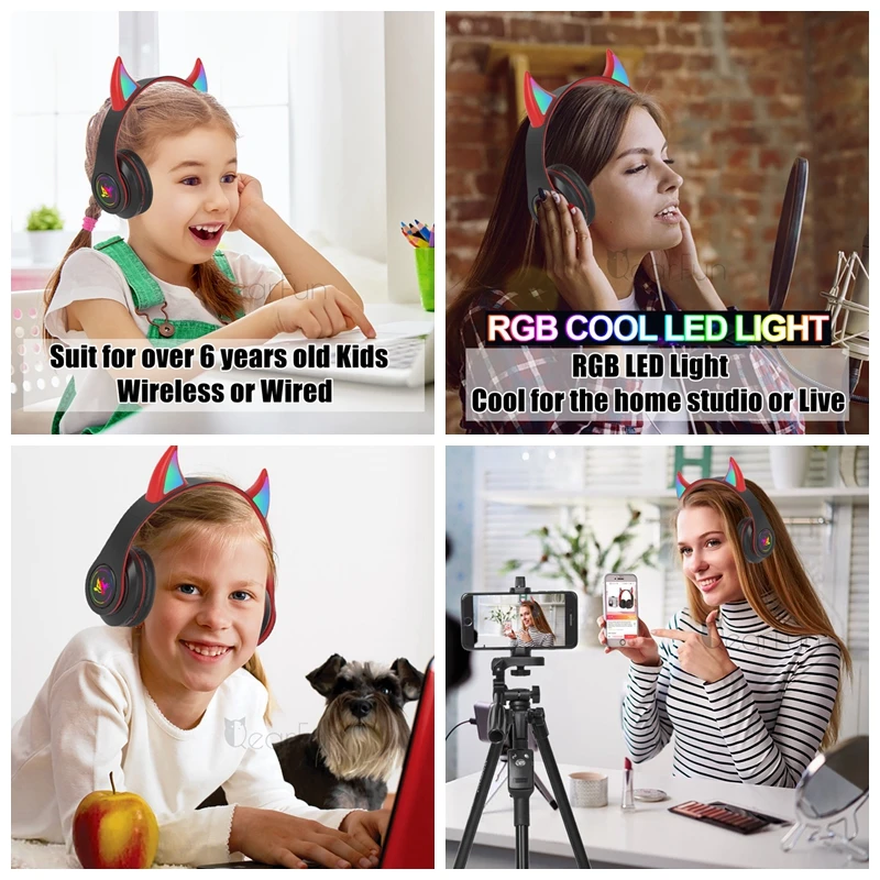 Devil หูฟังบลูทูธไร้สายพร้อมไมค์, หูฟังสเตอริโอเบสไร้สายหูฟังเกมเมอร์รองรับบัตร TF เป็นของขวัญสำหรับเด็กและผู้ชาย