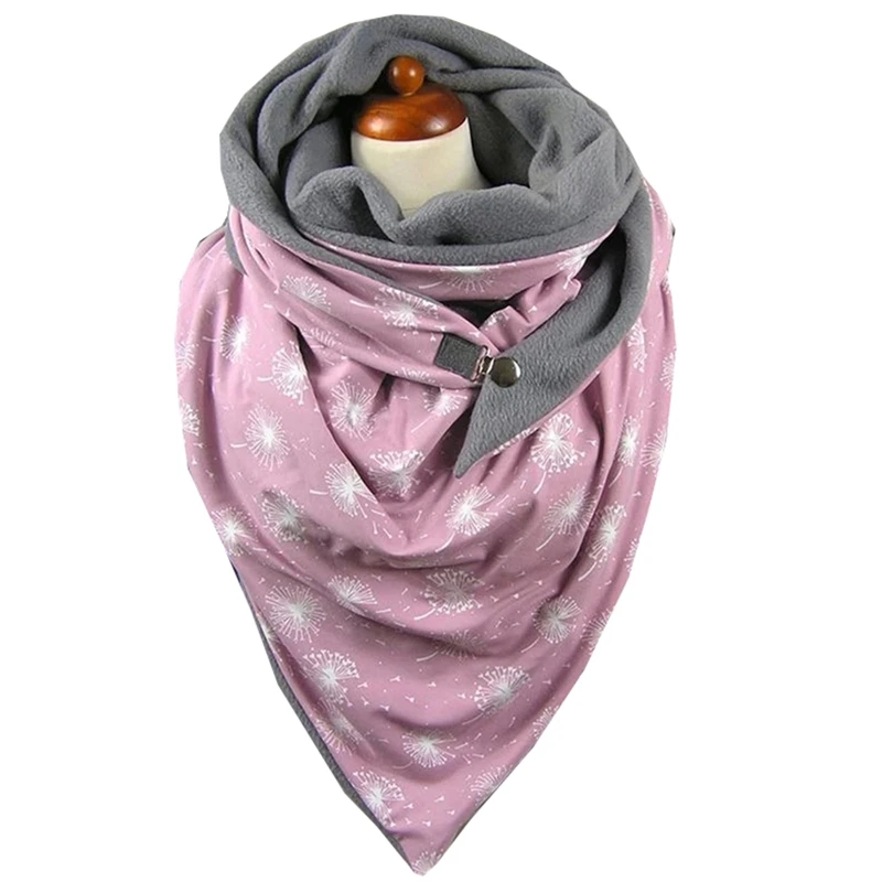 Women Winter Thicken Warm Scarf with Button Clip Vintage Floral Plaid Feather Printing Soft Wrap Bib Windproof Shawl