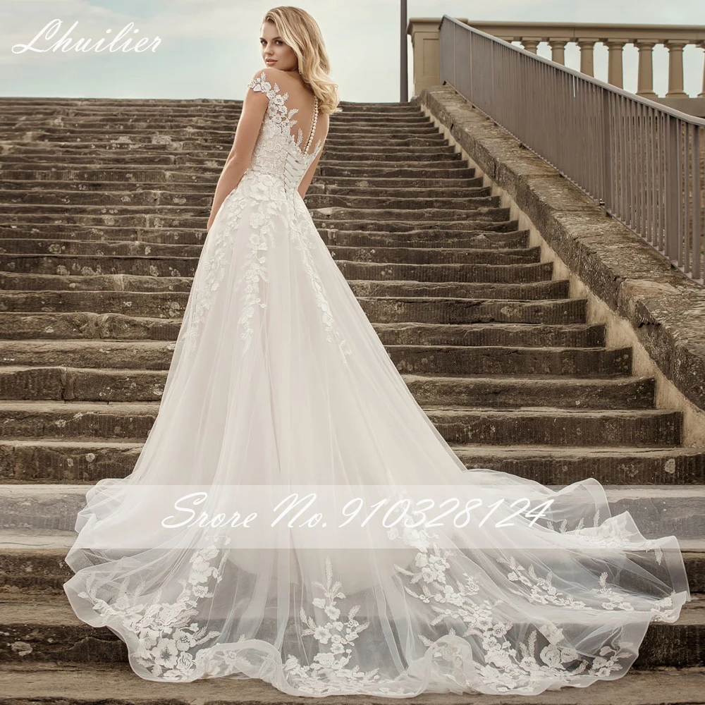 Lhuilier Customized A-line Scoop Neck Tulle Wedding Dresses Cap Sleeves Beaded Floor Length Bridal Gowns with Court Train