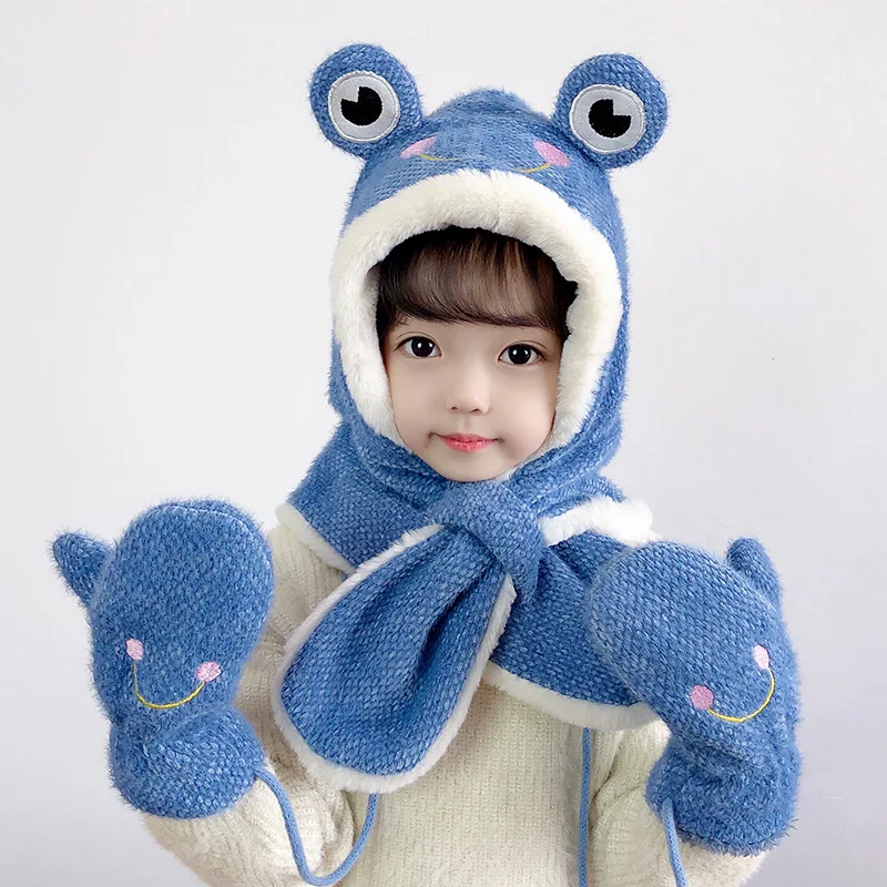 Winter Hat Scarf Gloves 2 Pieces For Children Boys Girls Gorra Winter Warm Fluffy Caps Lovely Frog Hats Scarves Gorros Invierno