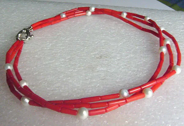 

Red Coral White Real Pearl Twisted Choker Collar Necklace Handmade