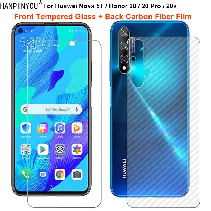 For Huawei nova 5T Honor 20 Pro 20s 1 Set = Back Carbon Fiber Film Sticker + Premium Tempered Glass Front Screen Protector