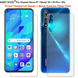 For Huawei nova 5T Honor 20 Pro 20s 1 Set = Back Carbon Fiber Film Sticker + Premium Tempered Glass Front Screen Protector