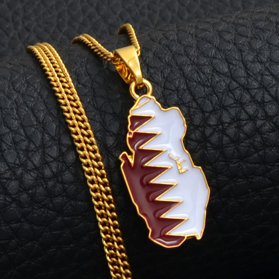 Anniyo Qatar Map and Flag Pendant Necklaces for Women Men Gold Color Qatari Jewelry Patriotic  #122406