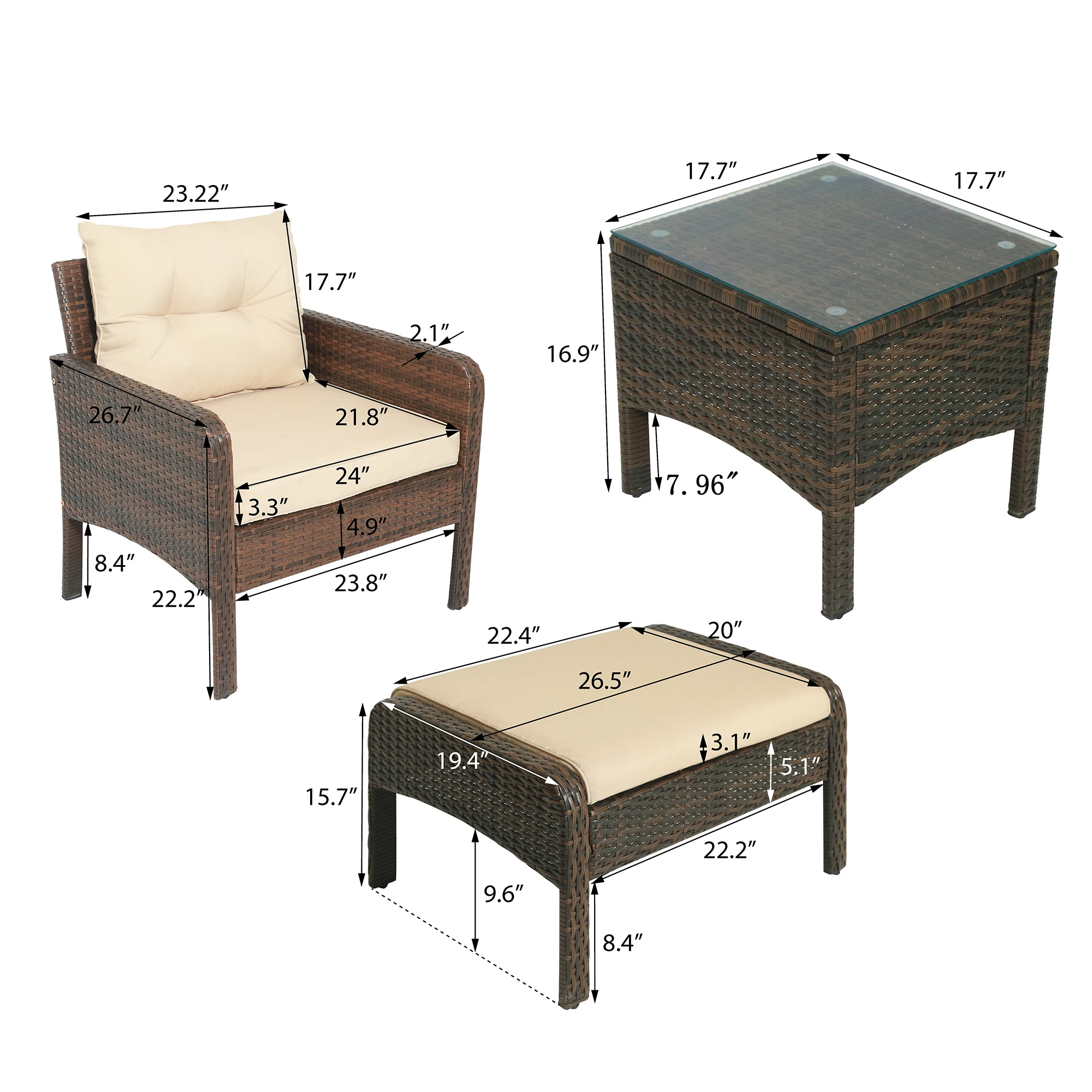 5-Pcs PE Rattan Wicker Outdoor Patio Furniture Set Brown Include 2 Sofa Chair+2 Ottoman Footstool+1 Glass Table[US-Depot]