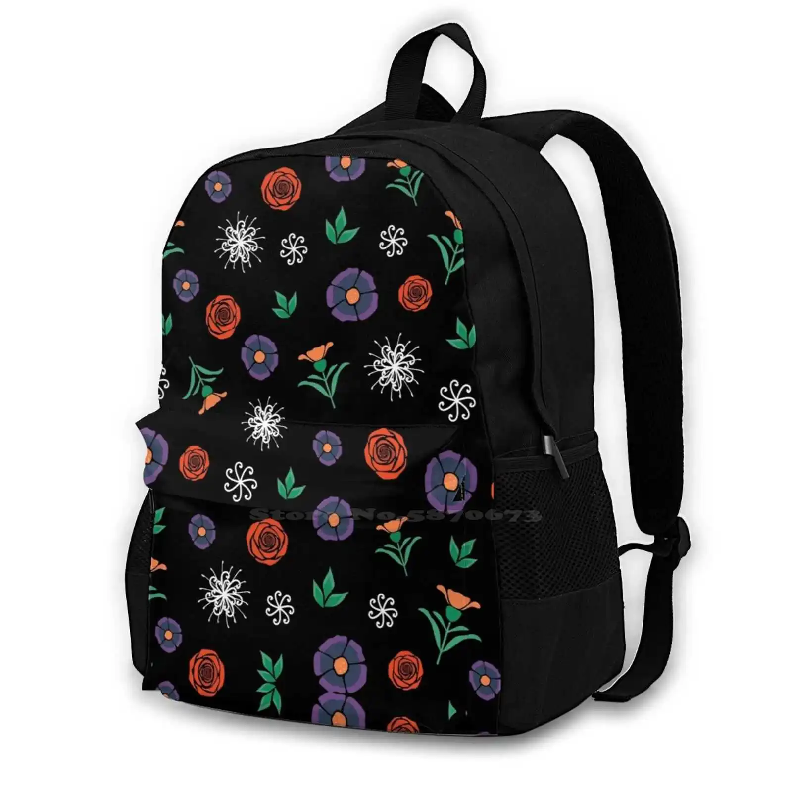 Black Fancy Folk Floral Pattern Rucksack Knapsack Storage Bag Backpack Folk Floral Retro Flower Colorful Fashion Color Modern