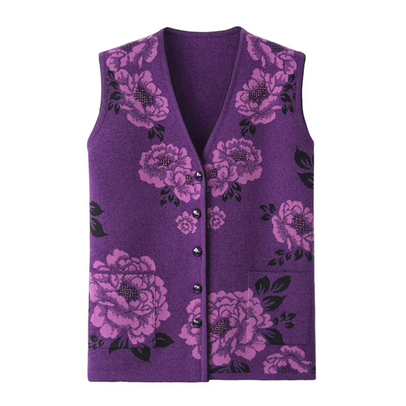 UHYTGF Women vest Fashion flower beaded knitted spring autumn vest waistcoat casual warm women\'s sleeveless jacket Big size 737