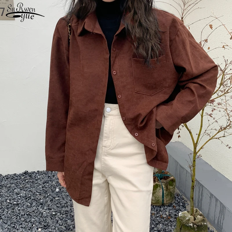 

Autumn Long Sleeve Tops Women Loose Button Up Shirt Coat Korean Vintage Blouse Corduroy Shirt Jacket Pocket Clothes Blusas 17491